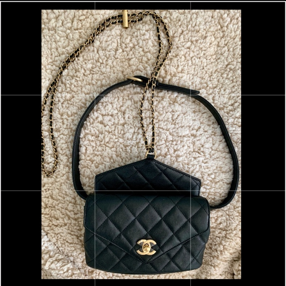 CHANEL calfskin waist body bag with gold chain